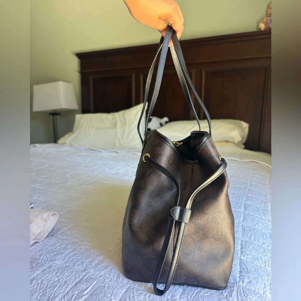 Coach Dark Brown Signature Canvas Tote with Black Trim - Gold clasp